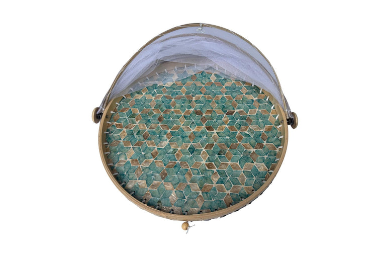 Round Bamboo Food Cover with Mother of Pearl Base 40cm – Handwoven Mesh Food Tent for Elegant Table Setting