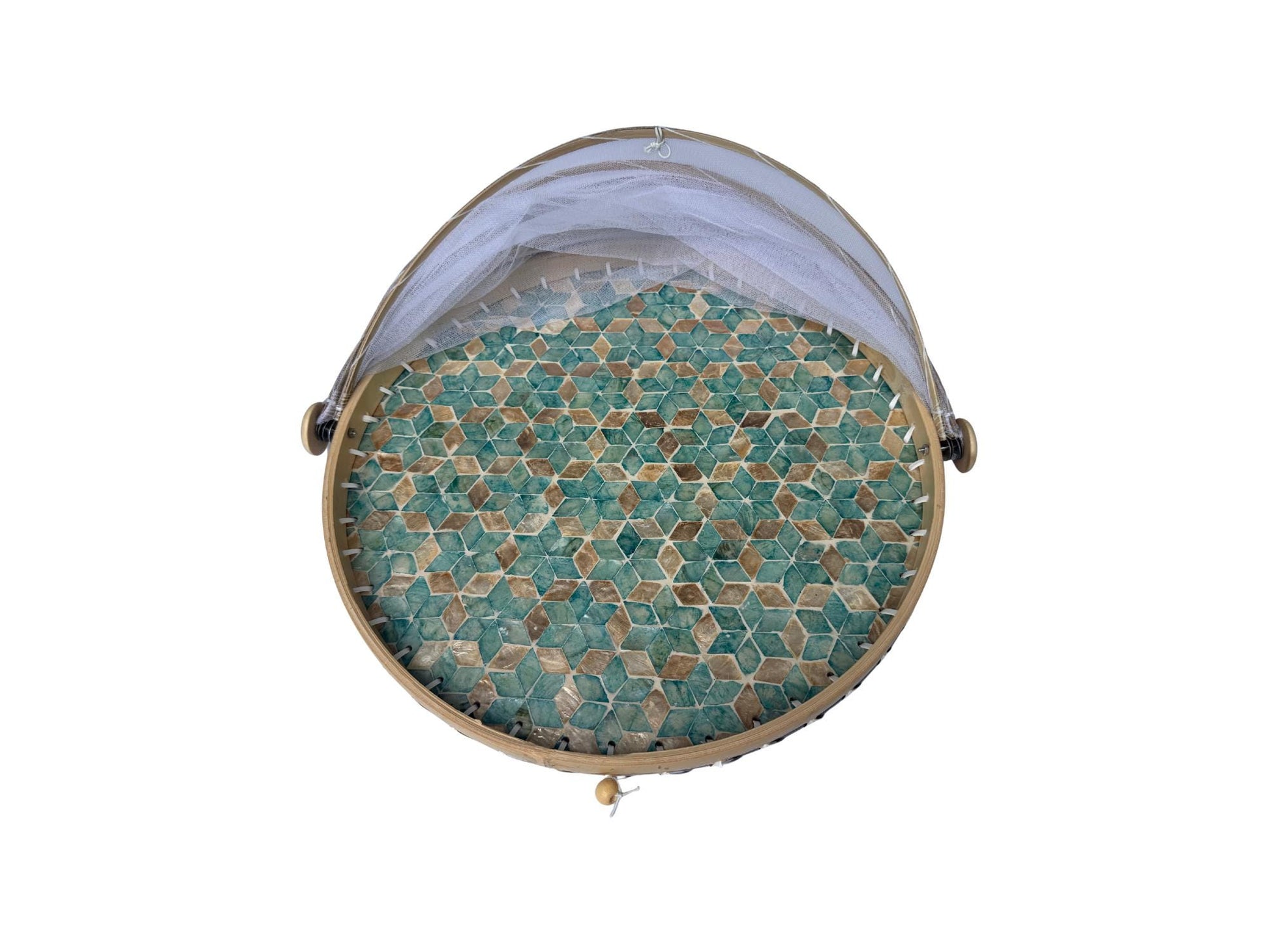 Round Bamboo Food Cover with Mother of Pearl Base 40cm – Handwoven Mesh Food Tent for Elegant Table Setting