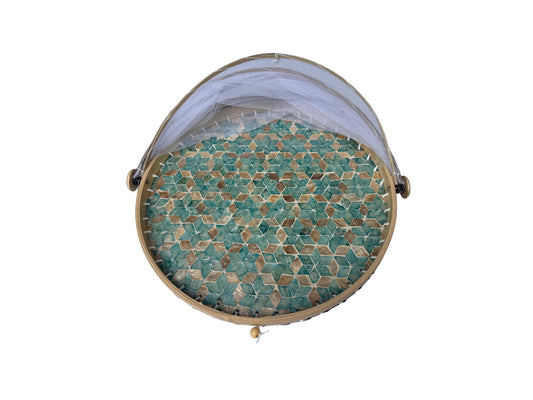 Round Bamboo Food Cover with Mother of Pearl Base 40cm – Handwoven Mesh Food Tent for Elegant Table Setting