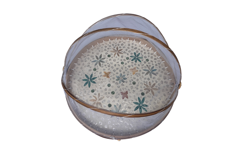 Handmade Bamboo Food Cover with Mesh Net Dome, Round Mother of Pearl Inlay Serving Tray, Large Kitchen Food Protector 18 Inch