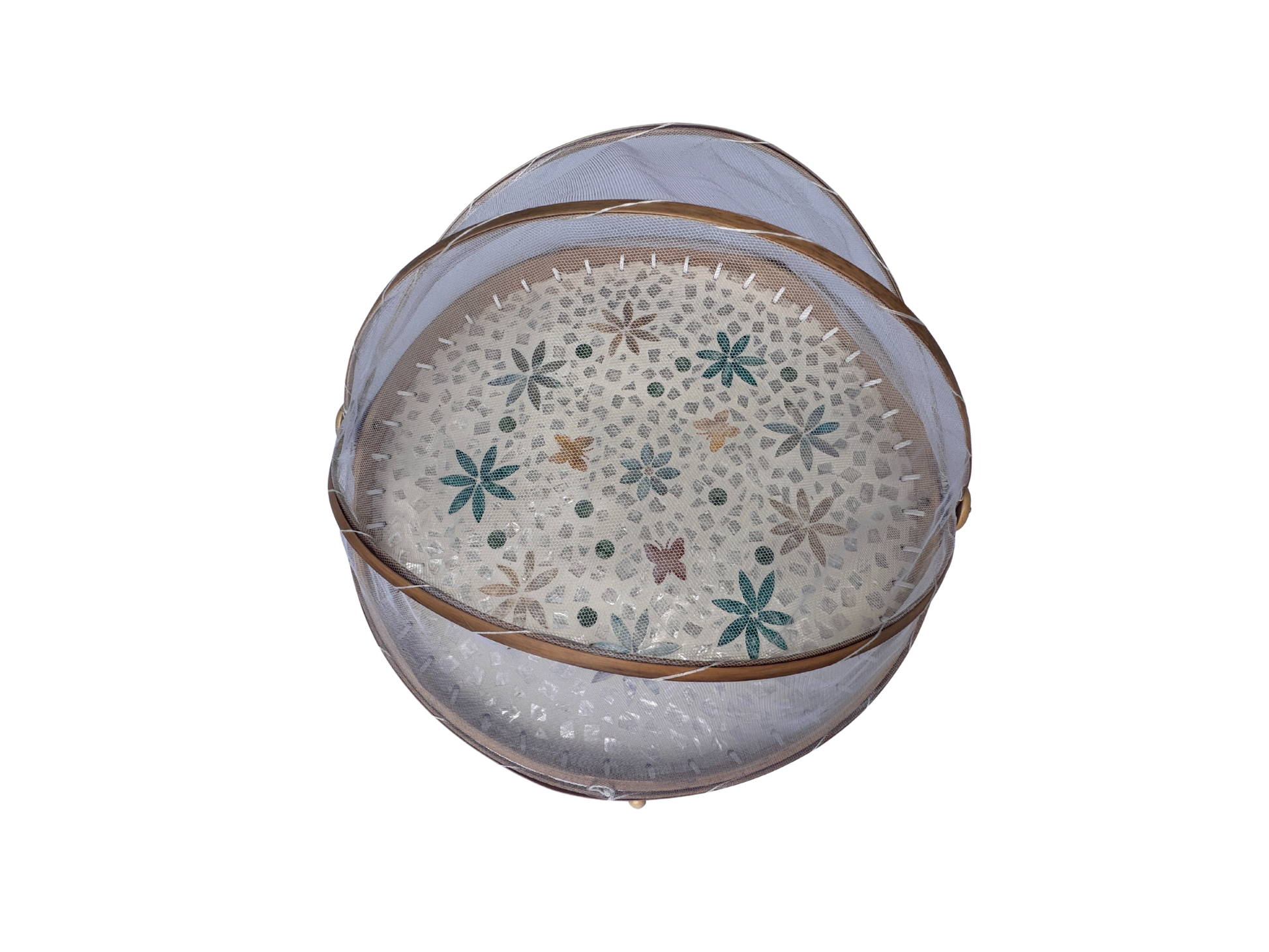 Handmade Bamboo Food Cover with Mesh Net Dome, Round Mother of Pearl Inlay Serving Tray, Large Kitchen Food Protector 18 Inch