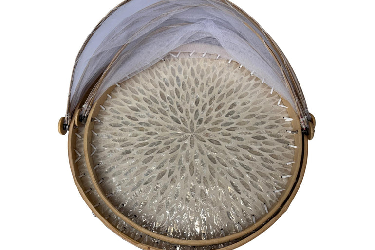 Bamboo Food Cover with Mother of Pearl Tray, Foldable Mesh Food Tent, Handmade Serving Tray, Fruit Cover, Kitchen Decor