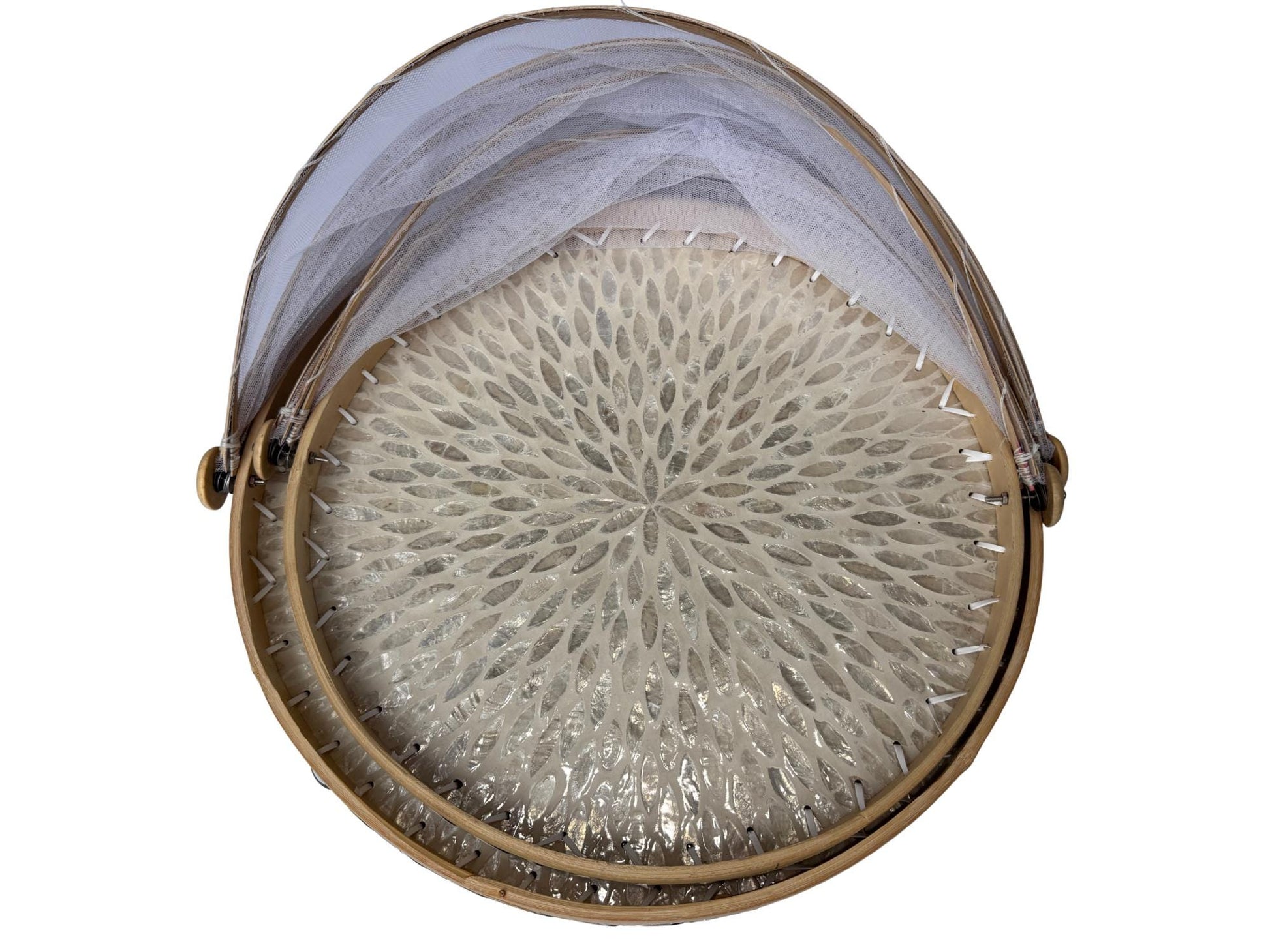 Bamboo Food Cover with Mother of Pearl Tray, Foldable Mesh Food Tent, Handmade Serving Tray, Fruit Cover, Kitchen Decor