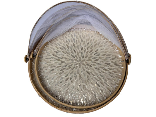 Bamboo Food Cover with Mother of Pearl Tray, Foldable Mesh Food Tent, Handmade Serving Tray, Fruit Cover, Kitchen Decor