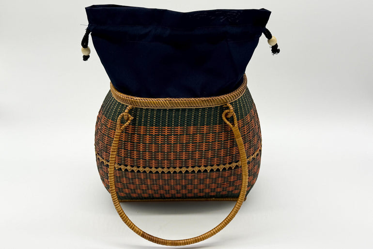 Handwoven Bamboo Handbag, Vintage Rattan Purse, Handmade Wicker Basket Bag with Fabric Lining, Boho Summer Shoulder Tote, 9.1x3.7x16.1in