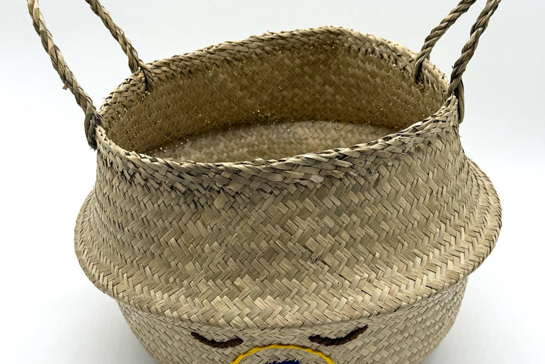 Bear Face Seagrass Storage Basket with Handles, Foldable Woven Laundry Basket, Rustic Home Decor, Nursery Organizer, 13.8in
