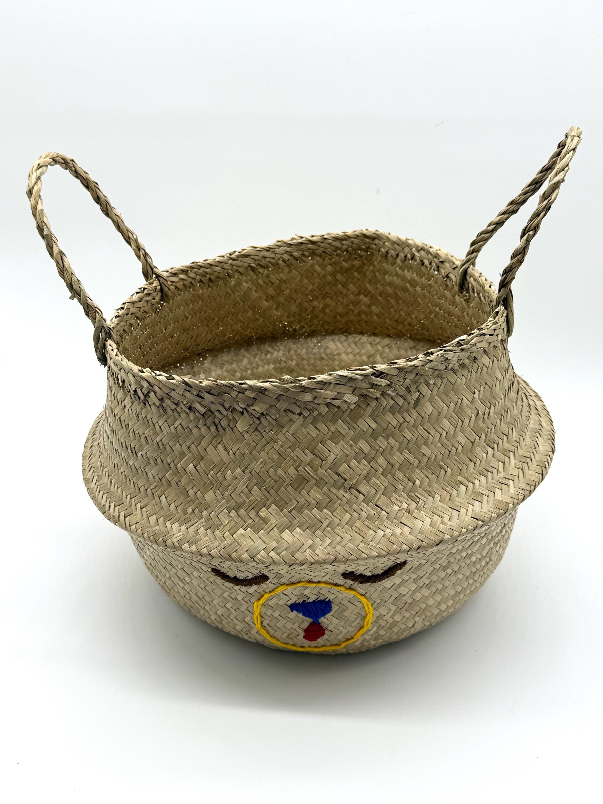 Bear Face Seagrass Storage Basket with Handles, Foldable Woven Laundry Basket, Rustic Home Decor, Nursery Organizer, 13.8in