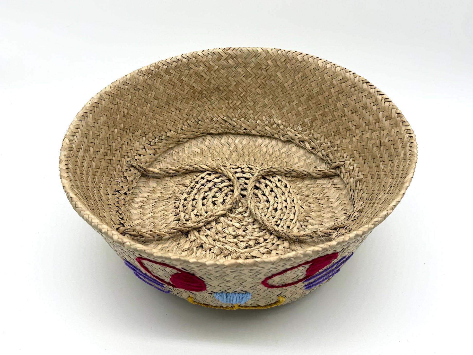Cat Face Seagrass Storage Basket with Handles, Foldable Woven Laundry Basket, Decorative Organizer for Home, 13.8in