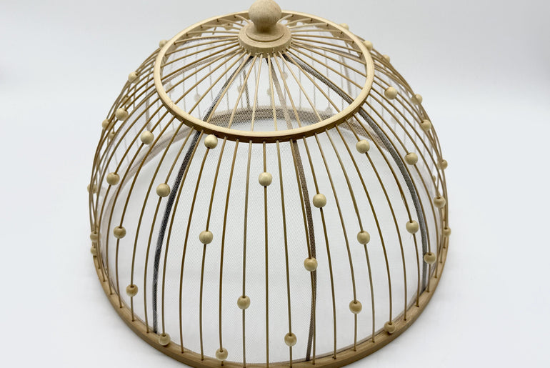 Round Bamboo Food Cover with Wooden Beads, Handwoven Bamboo Mesh Dish Cover Dome for Kitchen Table, Rustic Kitchen Gift 10–16 Inch