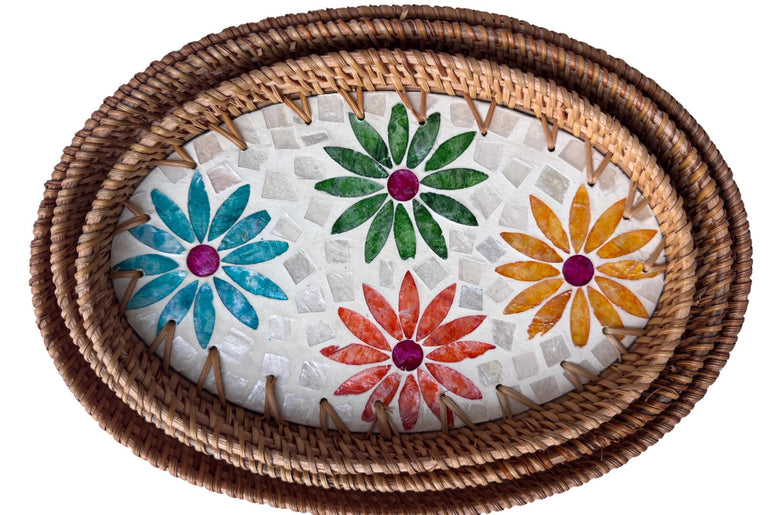 Oval Rattan Tray with Mother of Pearl Inlay – Boho Coffee Table, Ottoman Styling, Serving