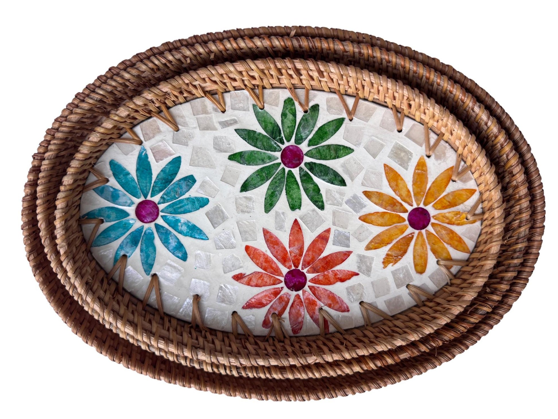 Oval Rattan Tray with Mother of Pearl Inlay – Boho Coffee Table, Ottoman Styling, Serving