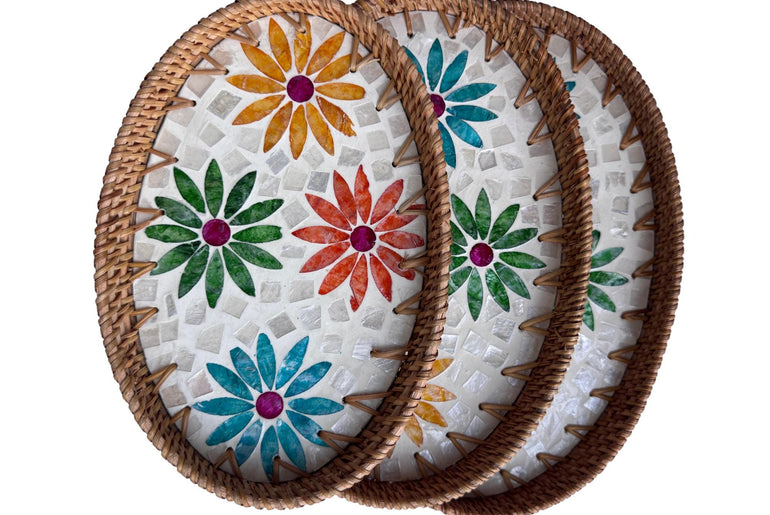 Oval Rattan Tray with Mother of Pearl Inlay – Boho Coffee Table, Ottoman Styling, Serving