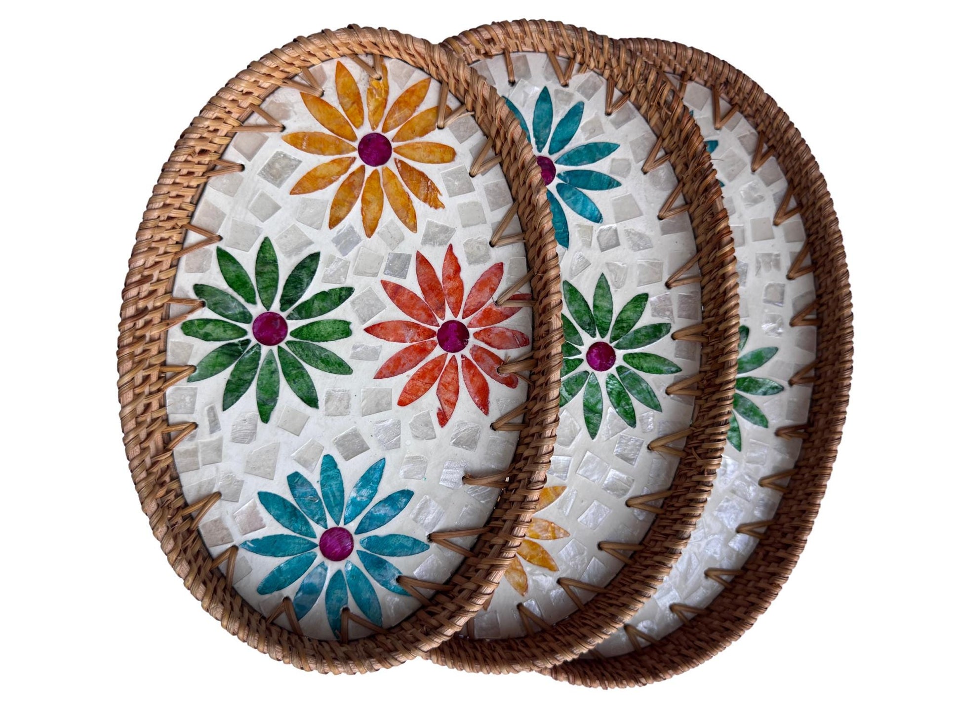 Oval Rattan Tray with Mother of Pearl Inlay – Boho Coffee Table, Ottoman Styling, Serving