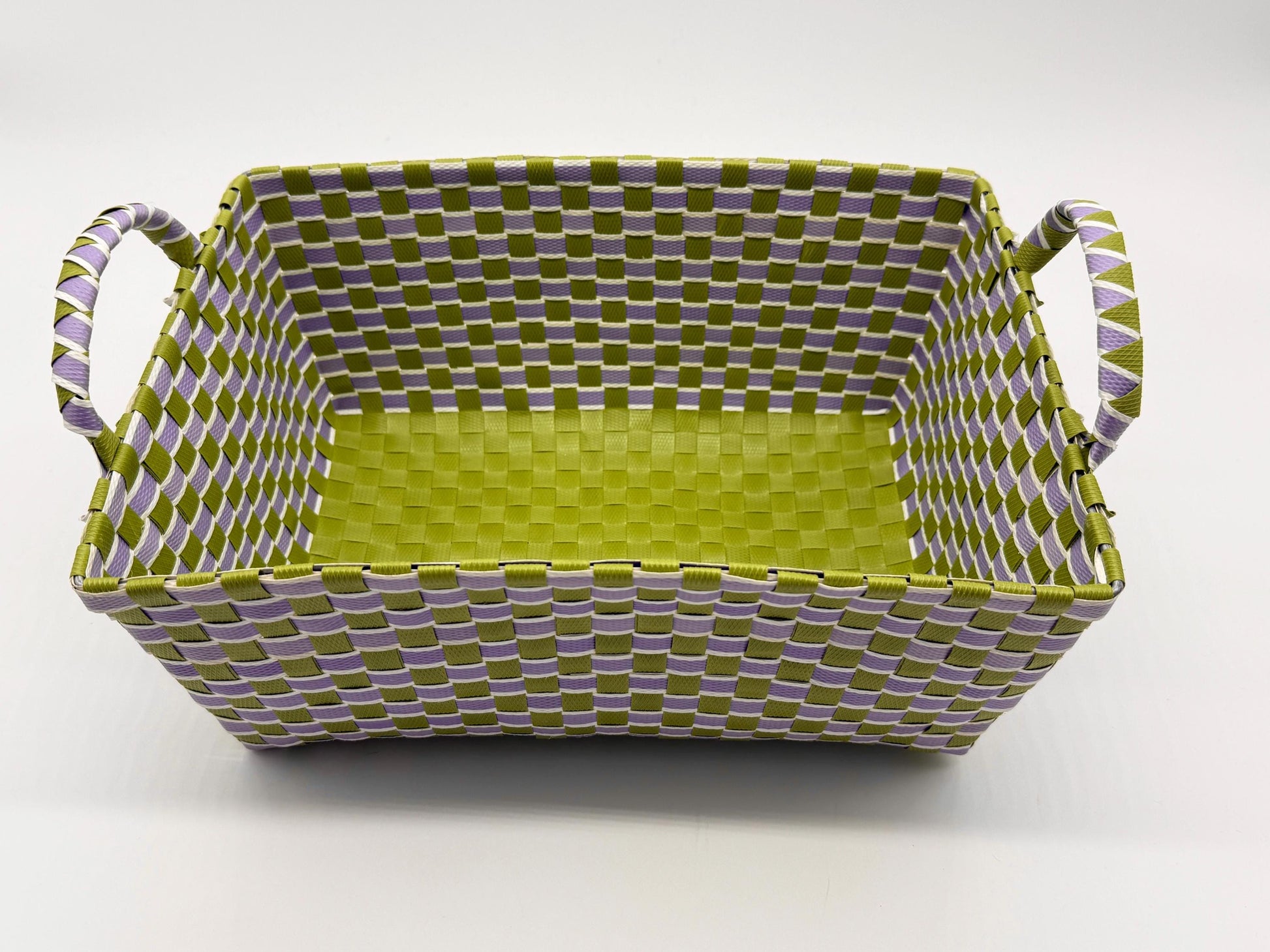 Handwoven Plastic Storage Basket with Handles, Woven Organizer Bin, Multi Size Basket for Toy Laundry Bathroom Nursery Storage