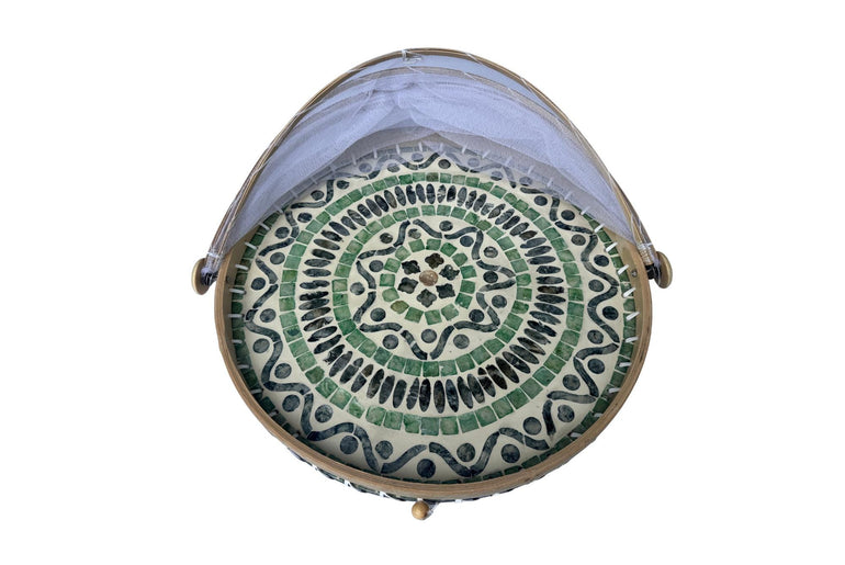 Round Bamboo Food Cover with Mother of Pearl Base 40cm – Handwoven Mesh Food Tent for Elegant Table Setting