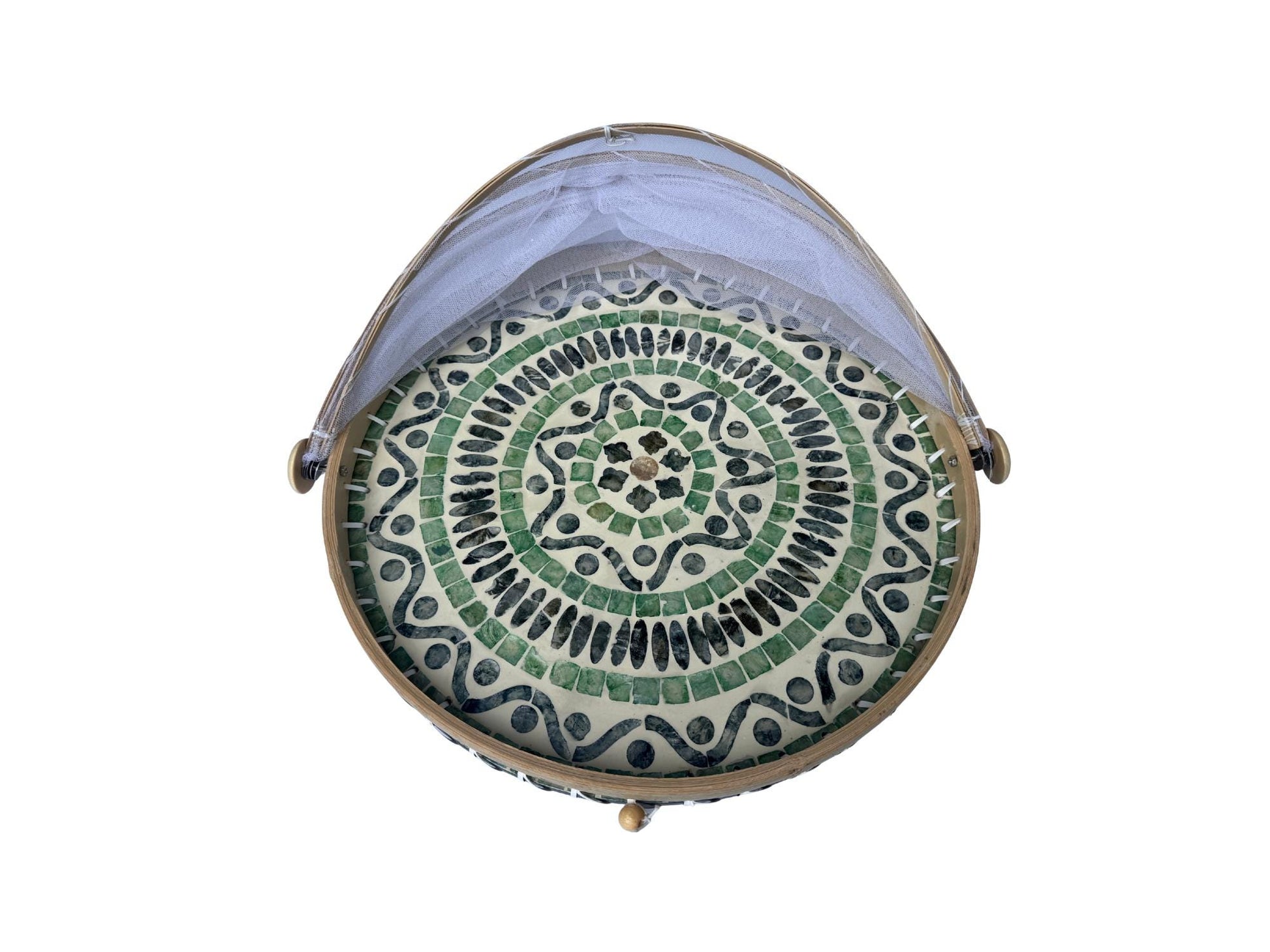 Round Bamboo Food Cover with Mother of Pearl Base 40cm – Handwoven Mesh Food Tent for Elegant Table Setting