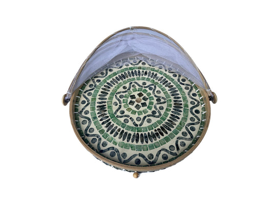 Round Bamboo Food Cover with Mother of Pearl Base 40cm – Handwoven Mesh Food Tent for Elegant Table Setting