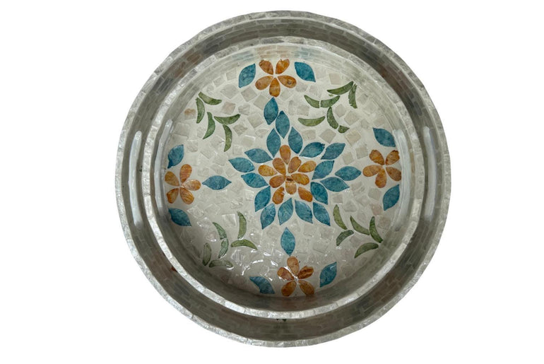 Handmade Round Shell Inlay Tray – Mother of Pearl Decorative Serving Tray, Elegant Coffee Table Organizer, Luxury Vanity Tray, Gift Idea