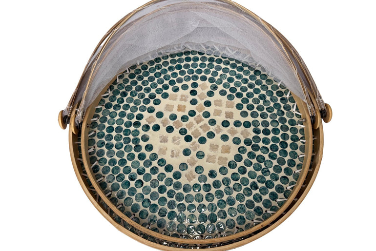 Bamboo Food Cover with Mother of Pearl Tray, Foldable Mesh Food Tent, Handmade Serving Tray, Fruit Cover, Kitchen Decor