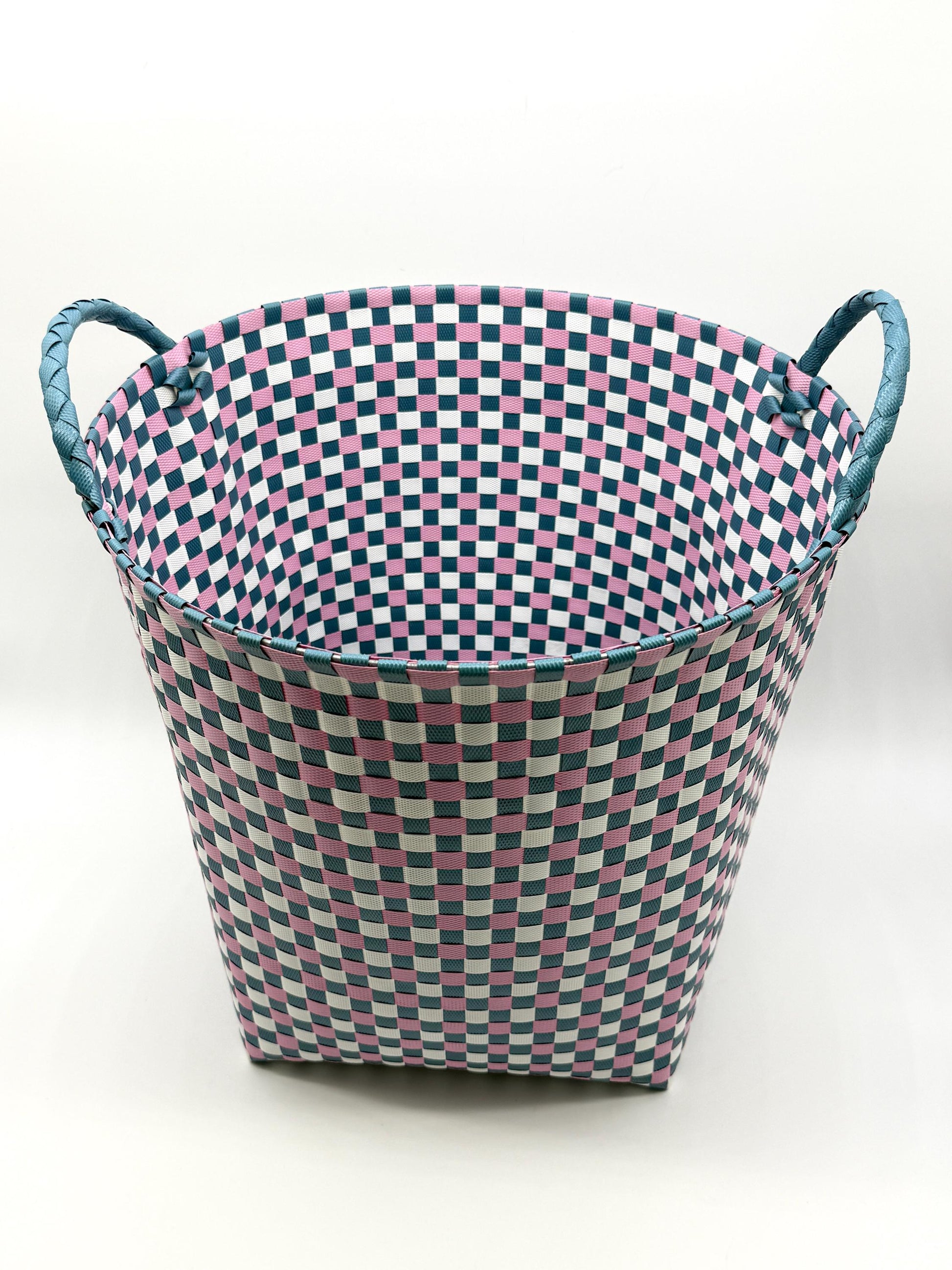 Round Woven Plastic Basket with Handles, Handmade Laundry Hamper, Multi Color Storage Bin for Toys Blankets Bathroom
