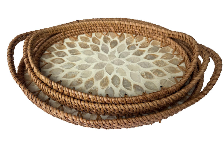 Oval Rattan Tray with Handles and Mother of Pearl Inlay Base, Handmade Woven Serving Tray, Boho Home Decor, Handmade Vietnam