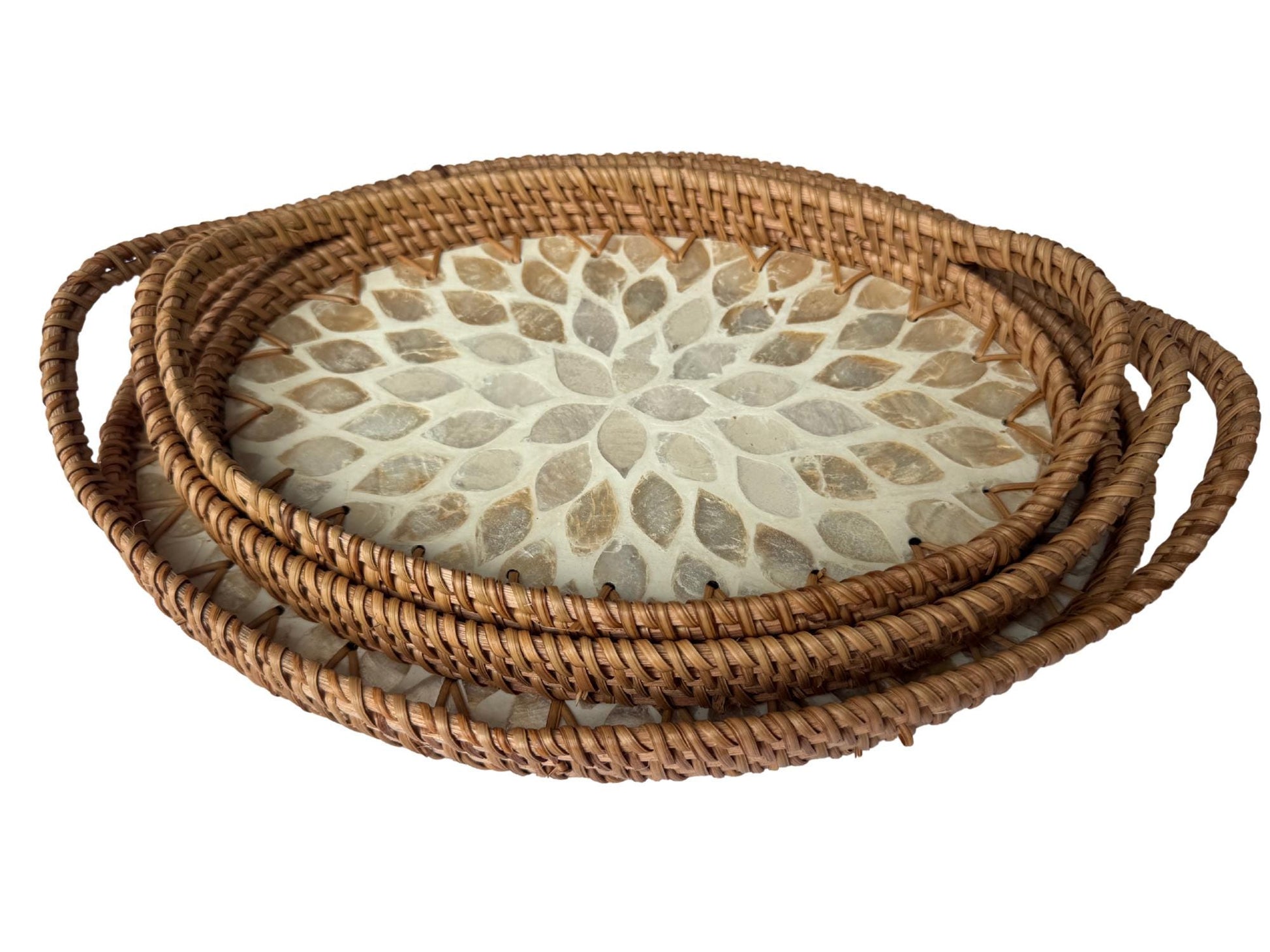 Oval Rattan Tray with Handles and Mother of Pearl Inlay Base, Handmade Woven Serving Tray, Boho Home Decor, Handmade Vietnam