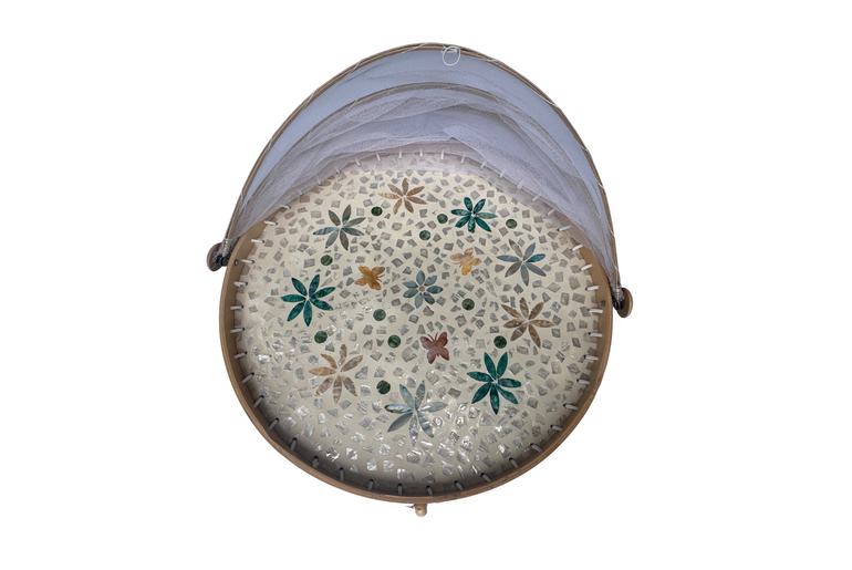 Handmade Bamboo Food Cover with Mesh Net Dome, Round Mother of Pearl Inlay Serving Tray, Large Kitchen Food Protector 18 Inch