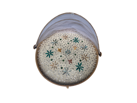 Handmade Bamboo Food Cover with Mesh Net Dome, Round Mother of Pearl Inlay Serving Tray, Large Kitchen Food Protector 18 Inch