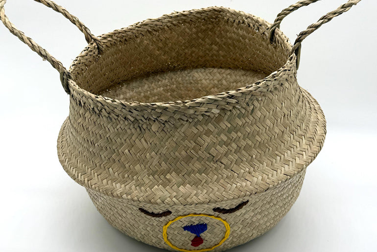 Bear Face Seagrass Storage Basket with Handles, Foldable Woven Laundry Basket, Rustic Home Decor, Nursery Organizer, 13.8in