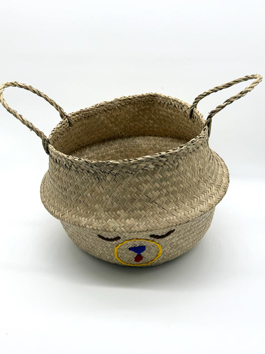 Bear Face Seagrass Storage Basket with Handles, Foldable Woven Laundry Basket, Rustic Home Decor, Nursery Organizer, 13.8in