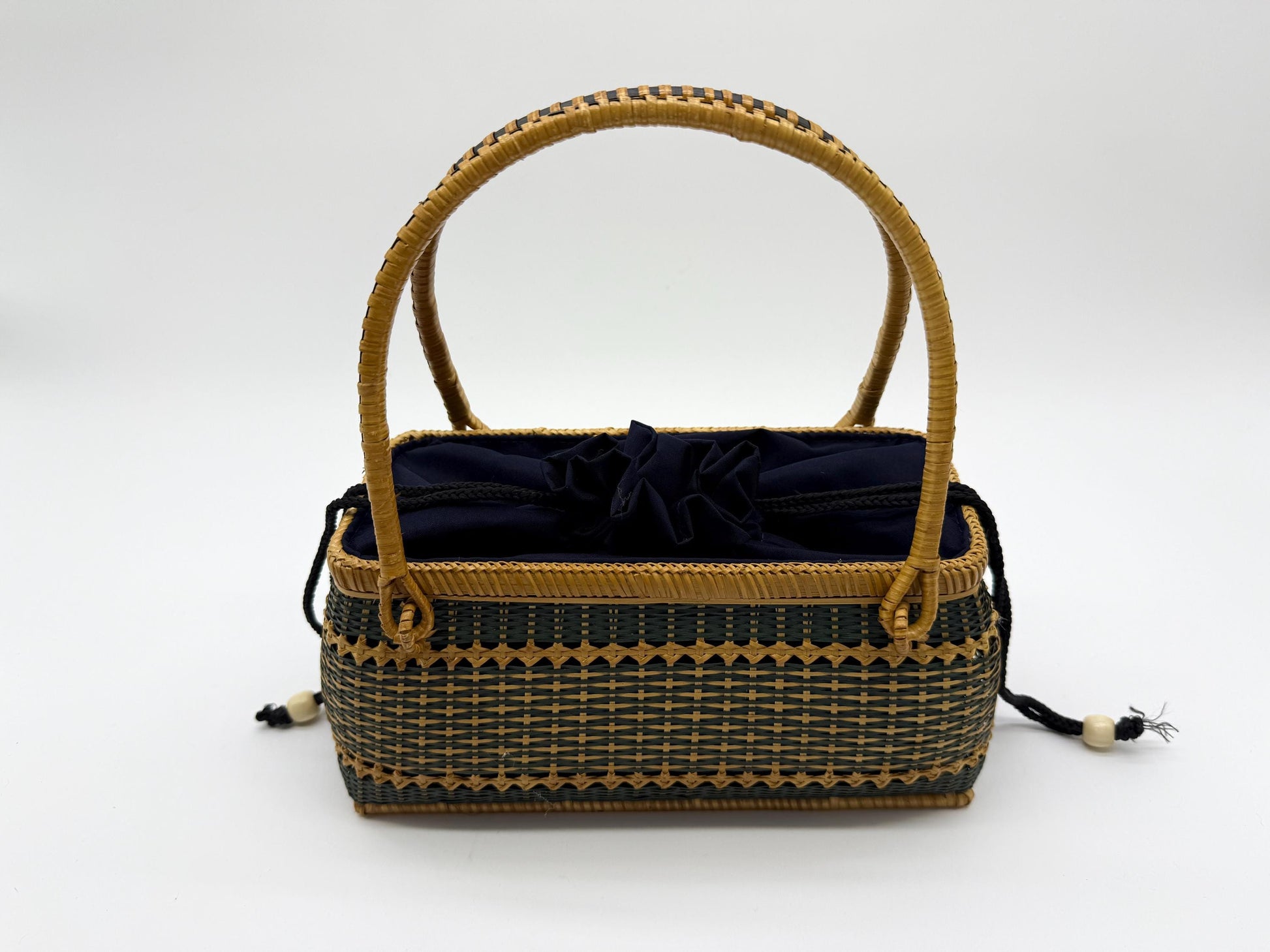 Handwoven Rectangular Bamboo Handbag, Wicker Basket Purse with Fabric Lining, Boho Top Handle Bag, Summer Tote, 9.4x3.9x10.2in