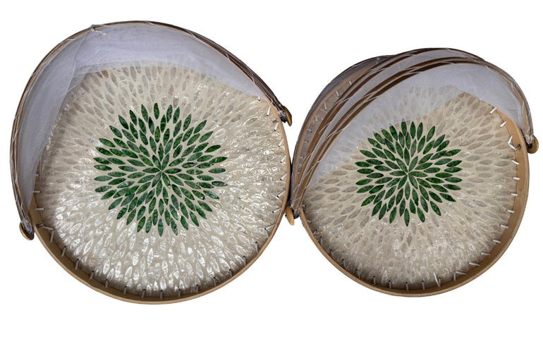Bamboo Food Cover with Mother of Pearl Tray, Foldable Mesh Food Tent, Handmade Serving Tray, Fruit Cover, Kitchen Decor