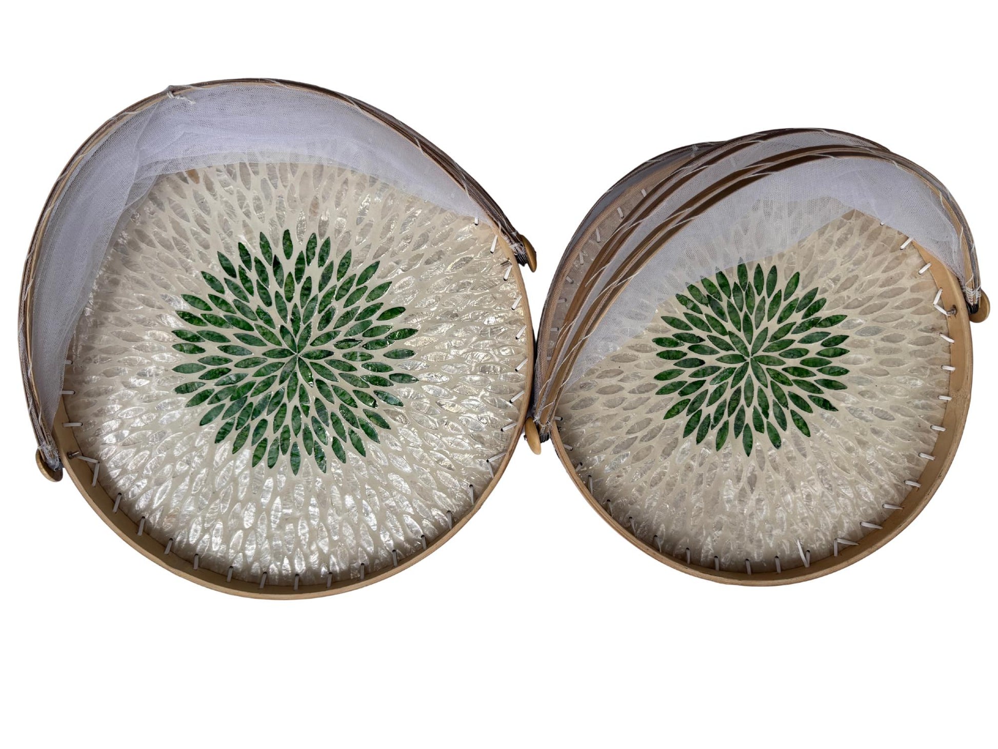 Bamboo Food Cover with Mother of Pearl Tray, Foldable Mesh Food Tent, Handmade Serving Tray, Fruit Cover, Kitchen Decor