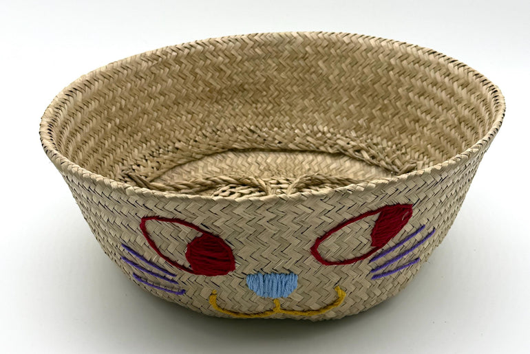 Cat Face Seagrass Storage Basket with Handles, Foldable Woven Laundry Basket, Decorative Organizer for Home, 13.8in