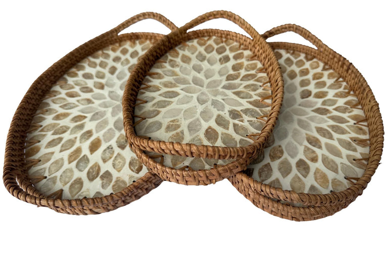Oval Rattan Tray with Handles and Mother of Pearl Inlay Base, Handmade Woven Serving Tray, Boho Home Decor, Handmade Vietnam