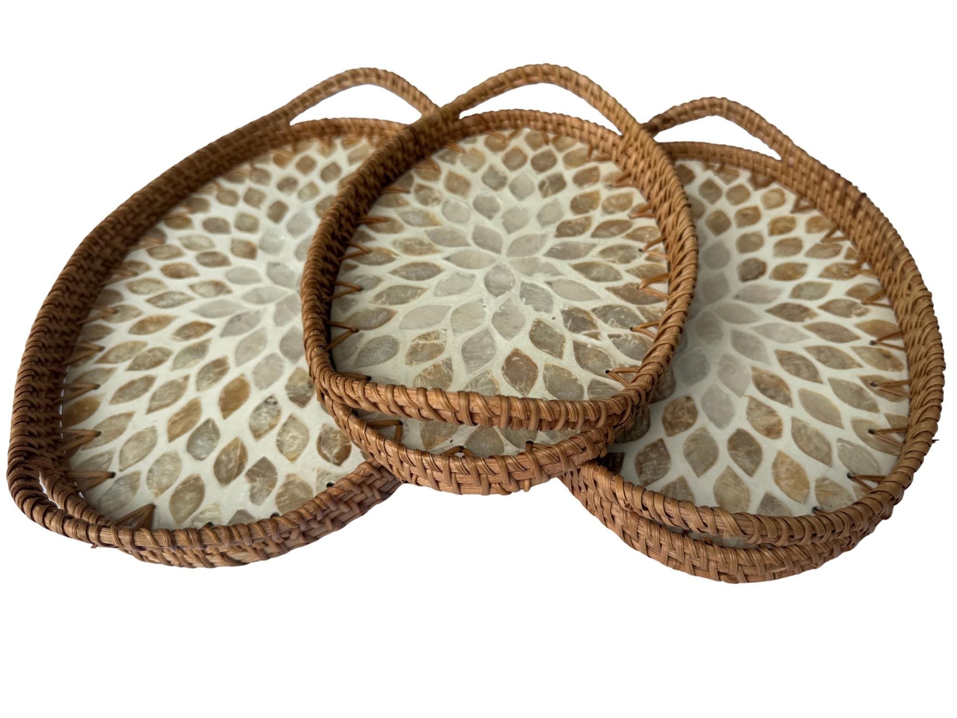 Oval Rattan Tray with Handles and Mother of Pearl Inlay Base, Handmade Woven Serving Tray, Boho Home Decor, Handmade Vietnam