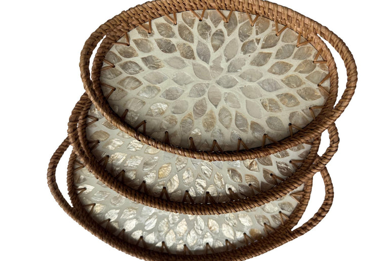 Oval Rattan Tray with Handles and Mother of Pearl Inlay Base, Handmade Woven Serving Tray, Boho Home Decor, Handmade Vietnam