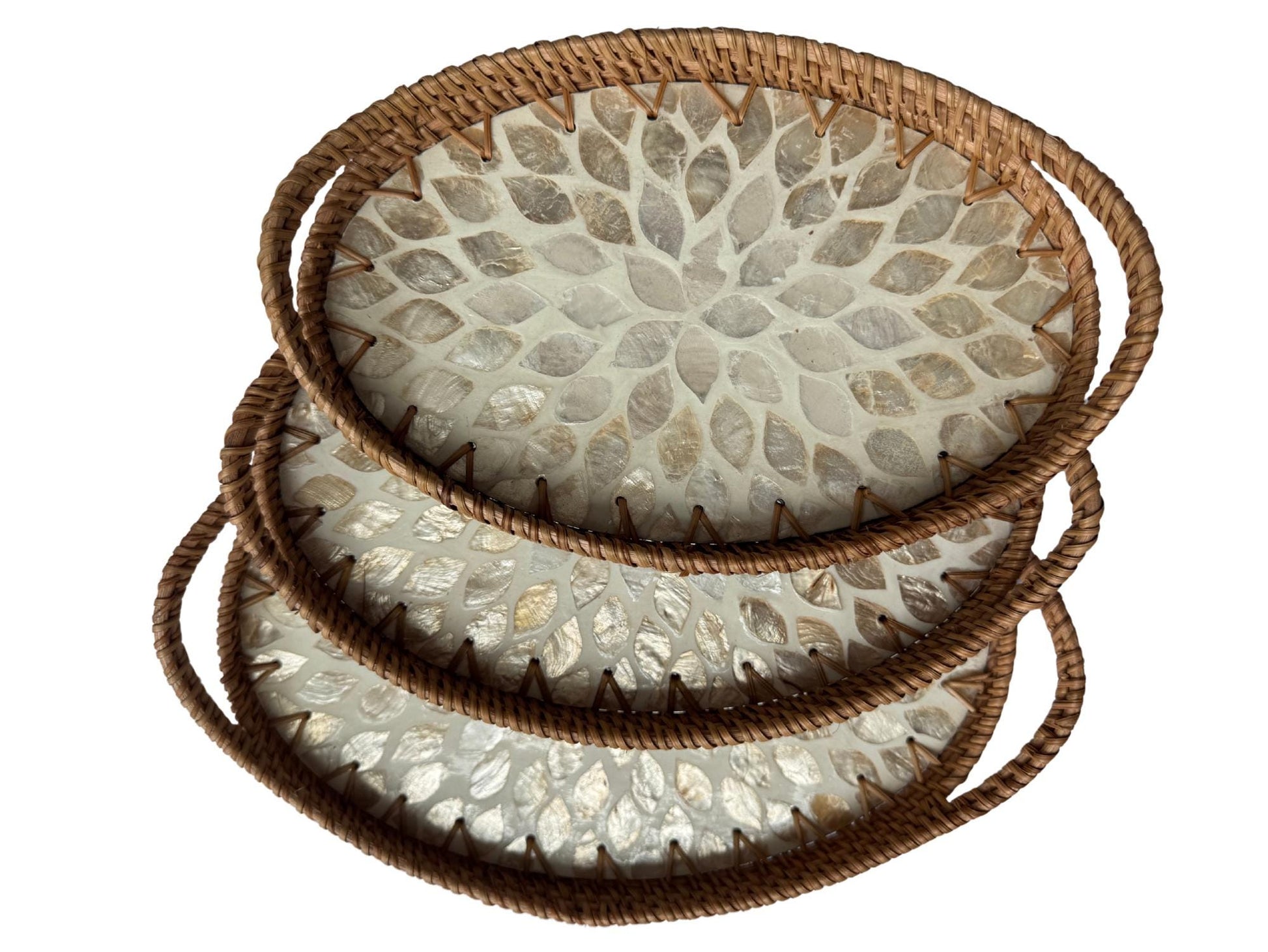Oval Rattan Tray with Handles and Mother of Pearl Inlay Base, Handmade Woven Serving Tray, Boho Home Decor, Handmade Vietnam