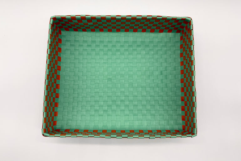 Checkered Woven Plastic Tray, Colorful Handwoven Serving Tray, Large Boho Catchall Basket, Waterproof Bathroom Vanity Tray, Desk Organizer