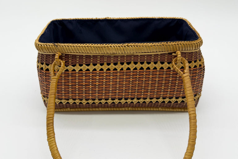 Handwoven Rectangular Bamboo Handbag, Wicker Basket Purse with Fabric Lining, Boho Top Handle Bag, Summer Tote, 9.4x3.9x10.2in