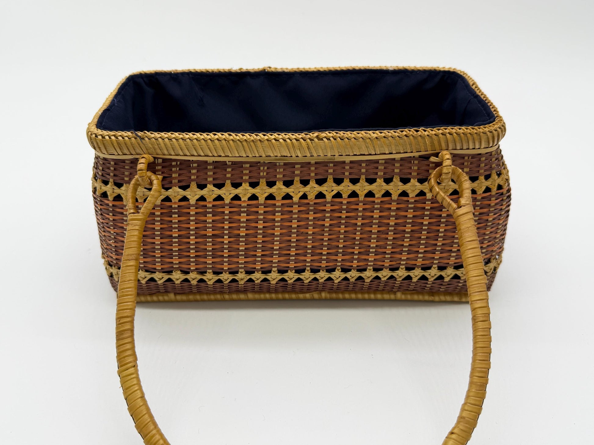 Handwoven Rectangular Bamboo Handbag, Wicker Basket Purse with Fabric Lining, Boho Top Handle Bag, Summer Tote, 9.4x3.9x10.2in