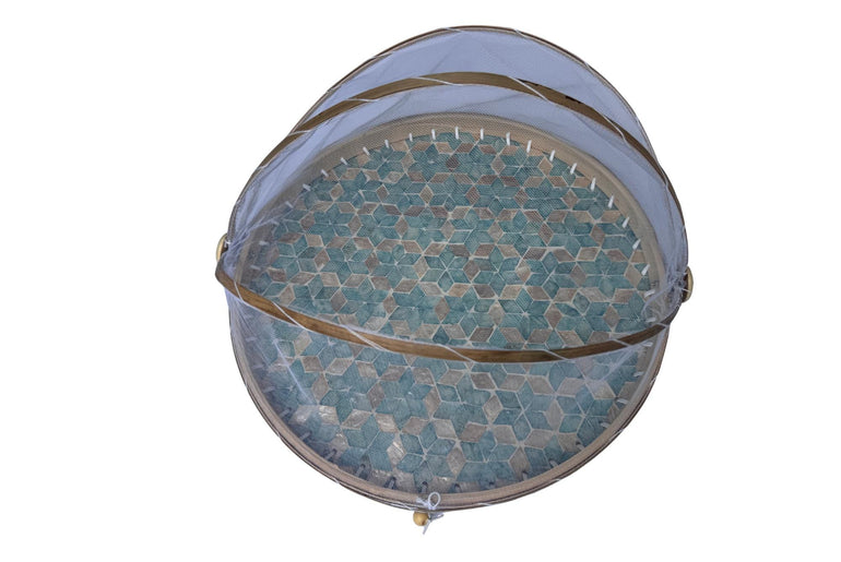 Round Bamboo Food Cover with Mother of Pearl Base 40cm – Handwoven Mesh Food Tent for Elegant Table Setting