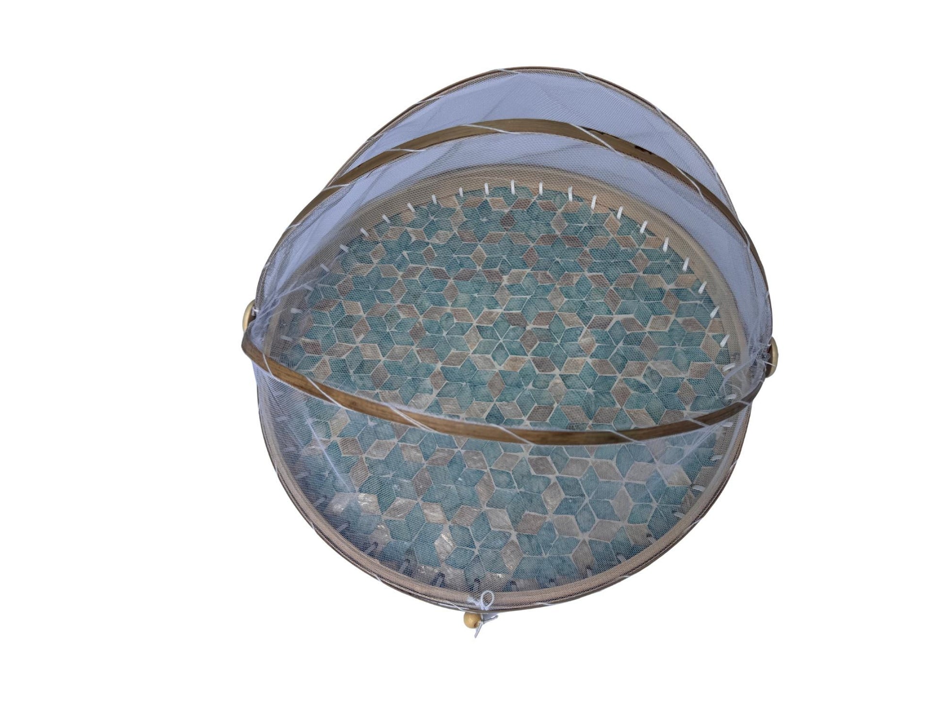 Round Bamboo Food Cover with Mother of Pearl Base 40cm – Handwoven Mesh Food Tent for Elegant Table Setting