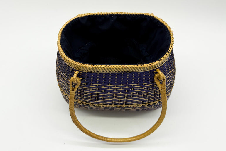 Small Bamboo Basket Handbag, Handmade Rattan Purse with Fabric Lining, Woven Summer Tote Bag, Boho Shoulder Bag, 7.1x3.5x12.2in