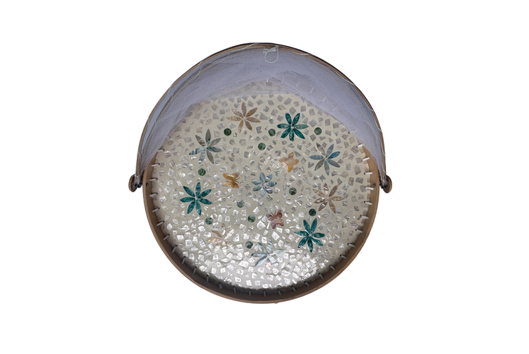 Handmade Bamboo Food Cover with Mesh Net Dome, Round Mother of Pearl Inlay Serving Tray, Large Kitchen Food Protector 18 Inch