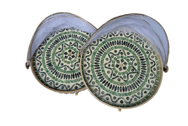 Round Bamboo Food Cover with Mother of Pearl Base 40cm – Handwoven Mesh Food Tent for Elegant Table Setting