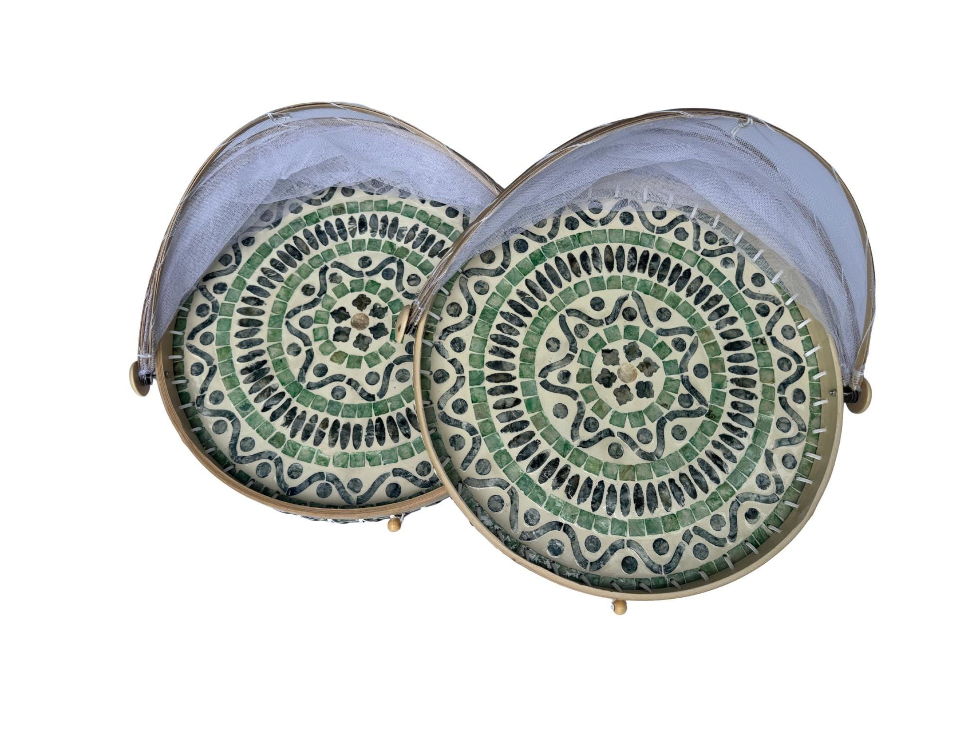 Round Bamboo Food Cover with Mother of Pearl Base 40cm – Handwoven Mesh Food Tent for Elegant Table Setting