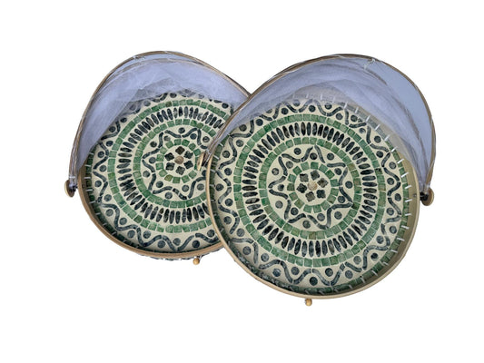 Round Bamboo Food Cover with Mother of Pearl Base 40cm – Handwoven Mesh Food Tent for Elegant Table Setting