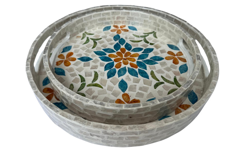 Handmade Round Shell Inlay Tray – Mother of Pearl Decorative Serving Tray, Elegant Coffee Table Organizer, Luxury Vanity Tray, Gift Idea