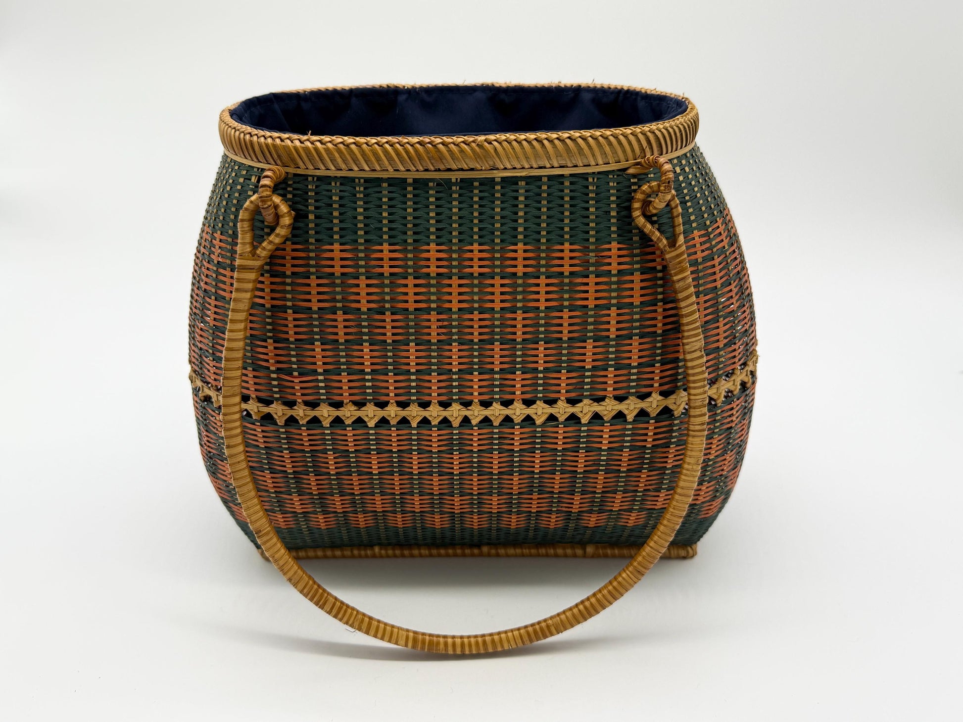 Handwoven Bamboo Handbag, Vintage Rattan Purse, Handmade Wicker Basket Bag with Fabric Lining, Boho Summer Shoulder Tote, 9.1x3.7x16.1in